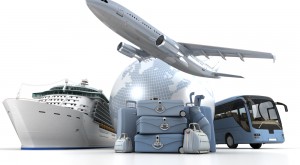 3D rendering of a world globe, an airplane, a cruise ship and a coach bus with a high key pile of luggage